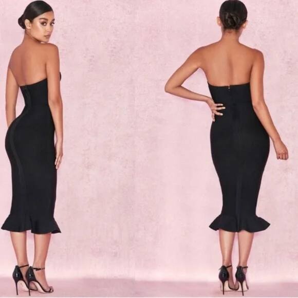 House of CB Fabrizia Bandage Strapless Fluted-Hem Dress in Black - Picture 2 of 10